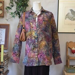 Purple Batik Dot Snap Front Shirt Blouse Boho Linen M Whimsygoth Colorful Funky